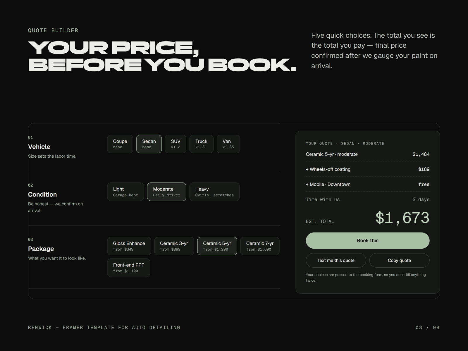 Quote builder: vehicle, condition and package choices with the estimated total and Book this