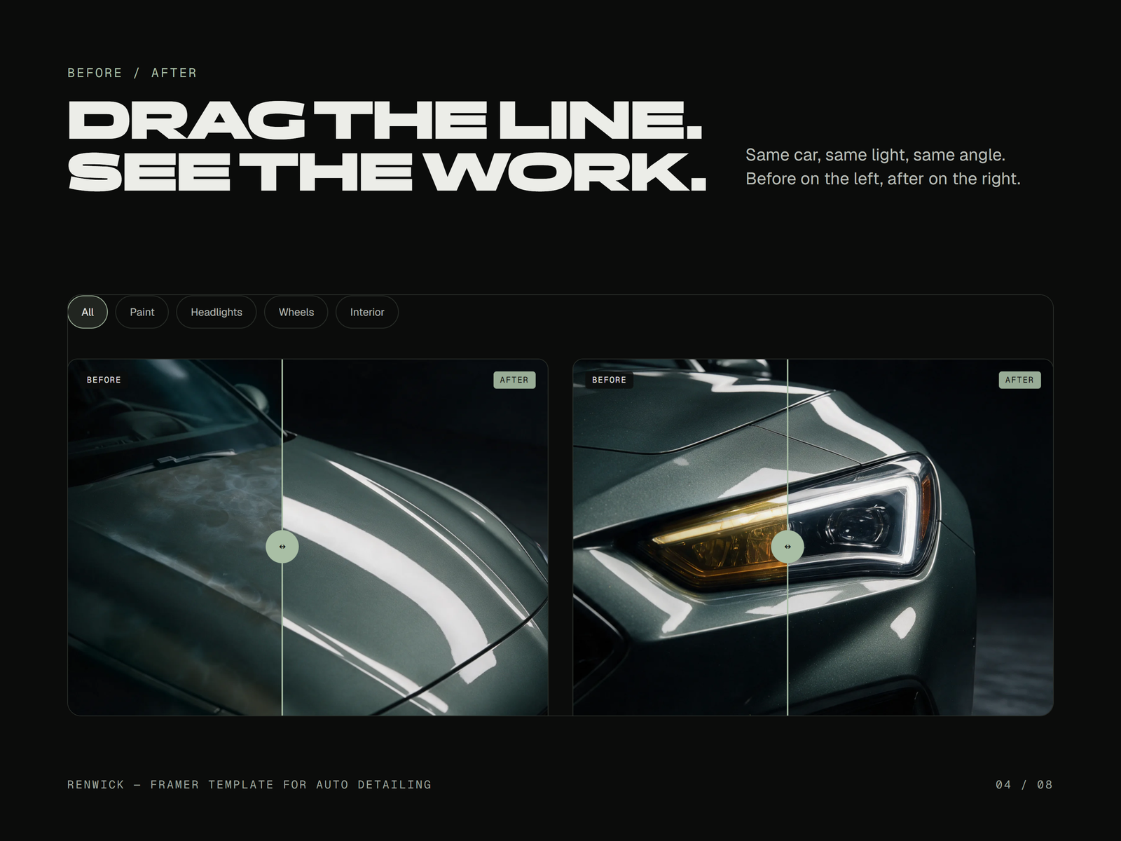 Before/after results: two comparison sliders, paint and headlight, with category filters