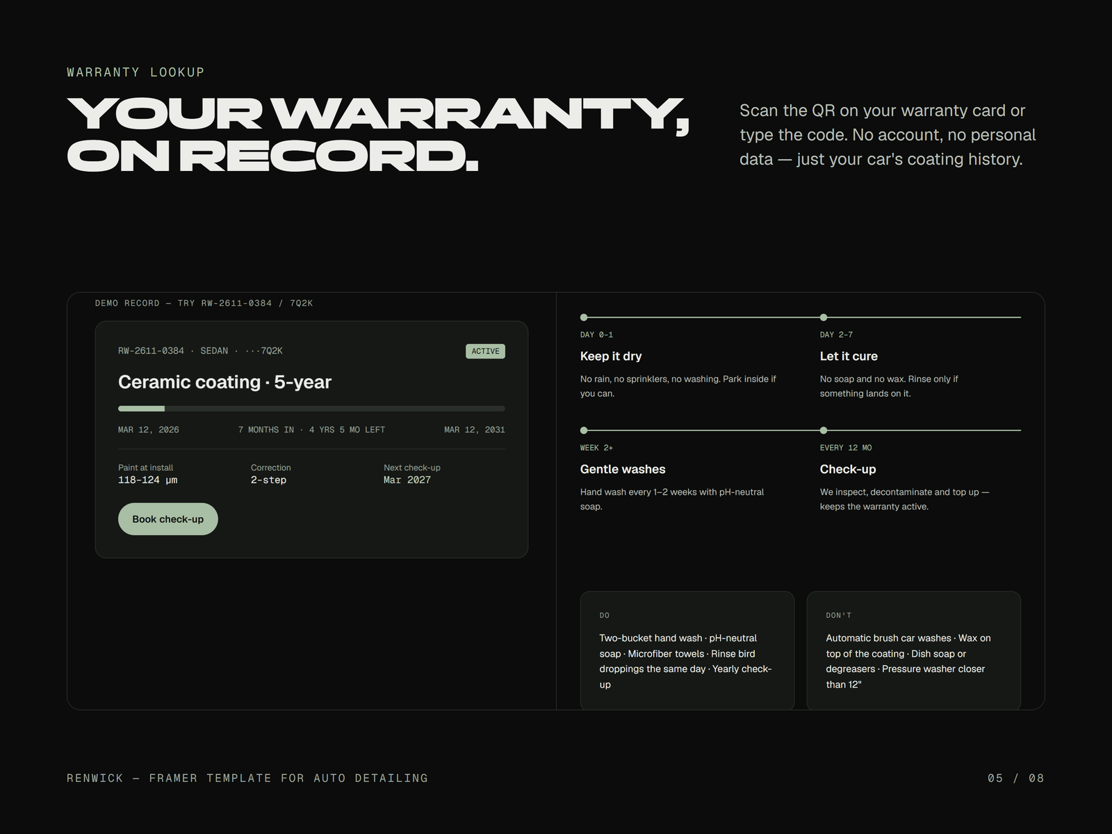 Warranty lookup: a demo coating record with dates and the aftercare timeline