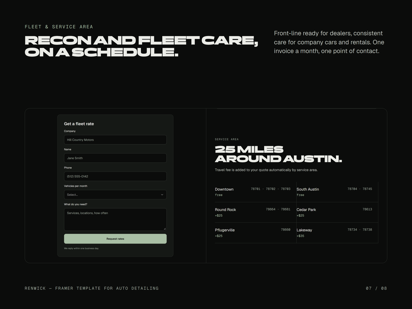 Fleet page: the fleet rate form and the service area with ZIP codes and travel fees