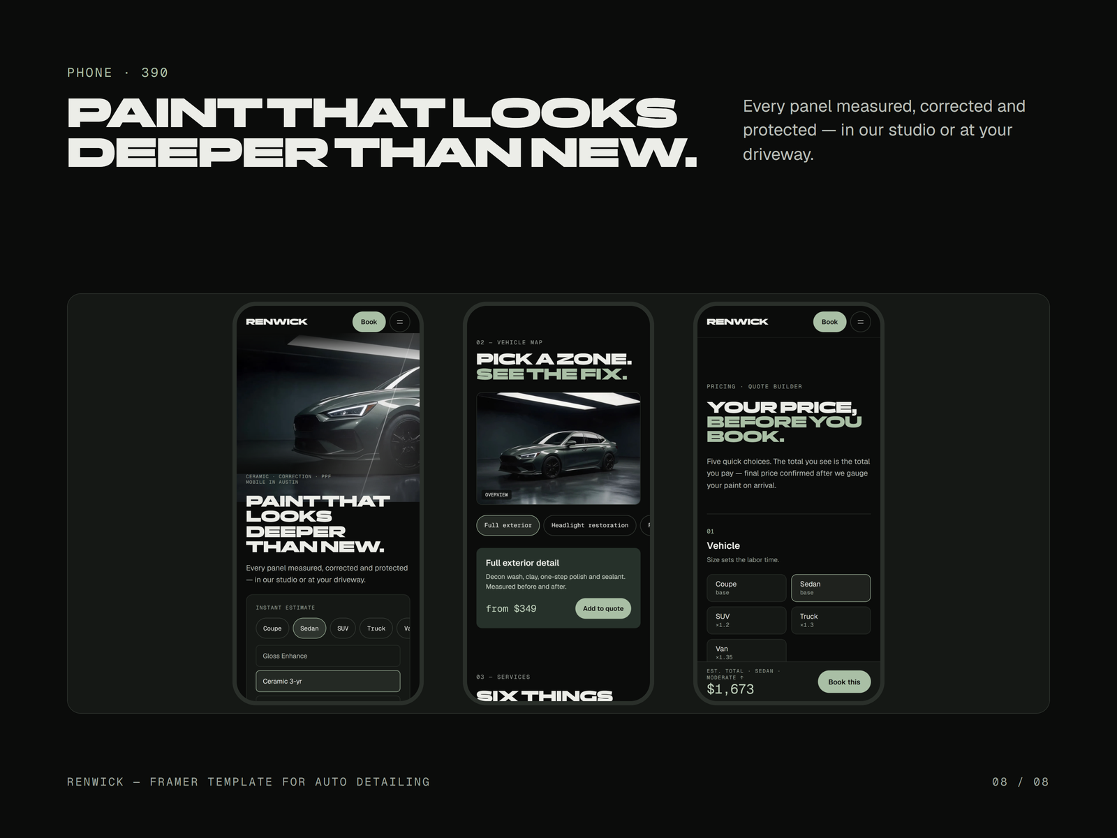 Three phone screens at 390: home hero, vehicle map and the quote builder